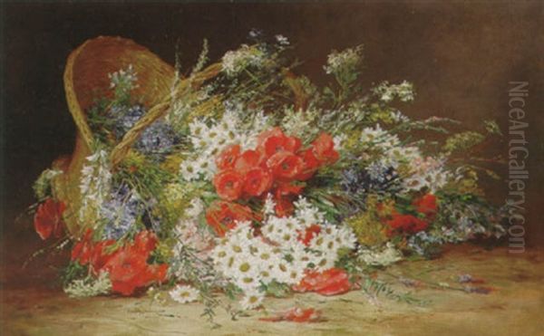 Still Life Of Fresh Wild Flowers In A Basket Oil Painting by Madeleine Jeanne Lemaire