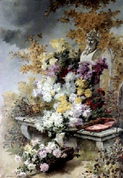 Dahlias With A Bust Of Pan In A Garden Oil Painting by Madeleine Jeanne Lemaire