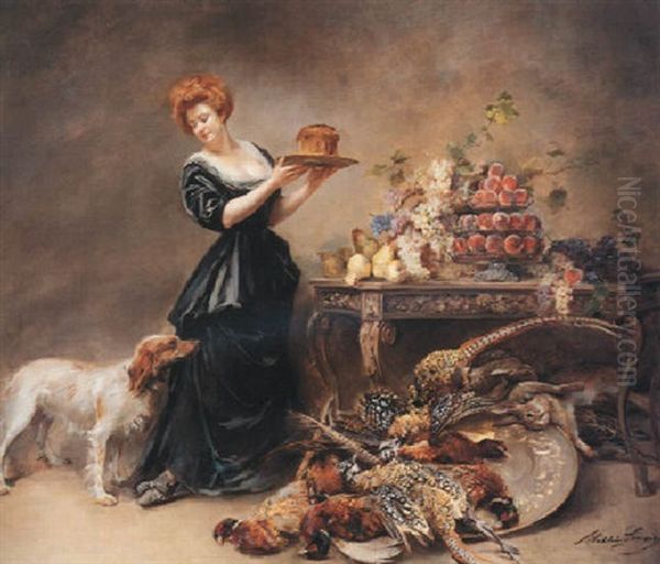 Allegorie De L'automne: La Duchesse De Gramont Presente Un Etalage De Fruits Et De Gibier Oil Painting by Madeleine Jeanne Lemaire