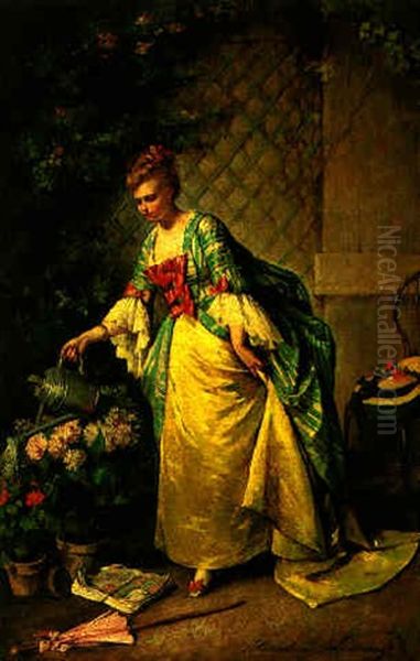 Watering The Flowers Oil Painting by Madeleine Jeanne Lemaire