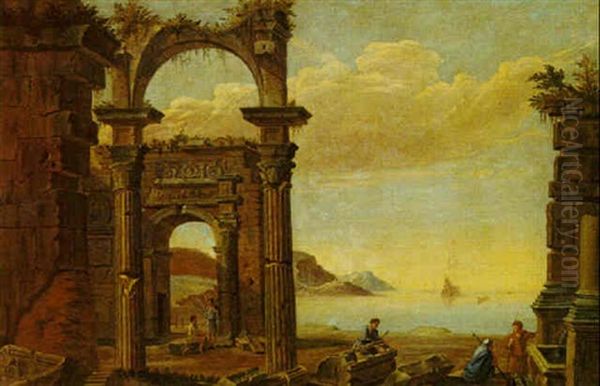 Mediterranean Seascape With Figures Near Ruins Oil Painting by Pierre Lemaire