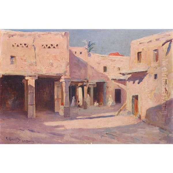 Rue Animee A El Bordj (algerie) Oil Painting by Gustave Lemaitre