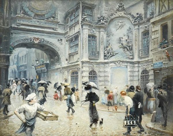 Street Scene At Rue Du Gros-horloge Oil Painting by Leon Jules Lemaitre