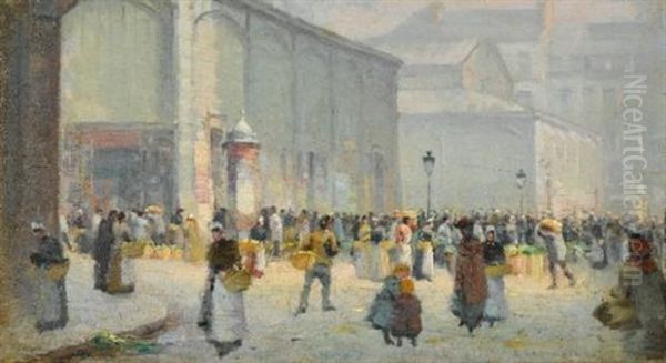 Les Halles, Paris Oil Painting by Leon Jules Lemaitre