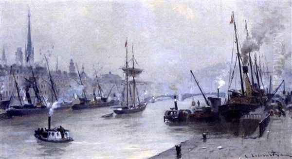 Vue Du Port De Rouen (?) Oil Painting by Leon Jules Lemaitre