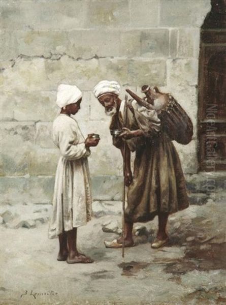 Der Alte Wasserverkaufer In Den Strasen Einer Orientalischen Stadt Oil Painting by Leon Jules Lemaitre