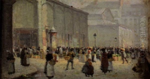 Devant Les Halles Oil Painting by Leon Jules Lemaitre