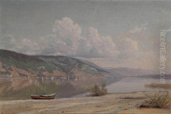 Vue Prise De L'ile St. Pierre, Rivages Bernois Du Lac De Bienne Oil Painting by Nathanael Lemaitre