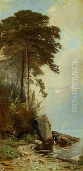 Felsen Des Urnersees (+ Uferpartie Des Urnersees; Pair) Oil Painting by Nathanael Lemaitre