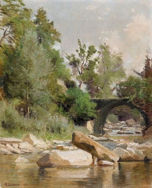 Sonnige Flusspartie Mit Felsen Und Brucke Oil Painting by Nathanael Lemaitre