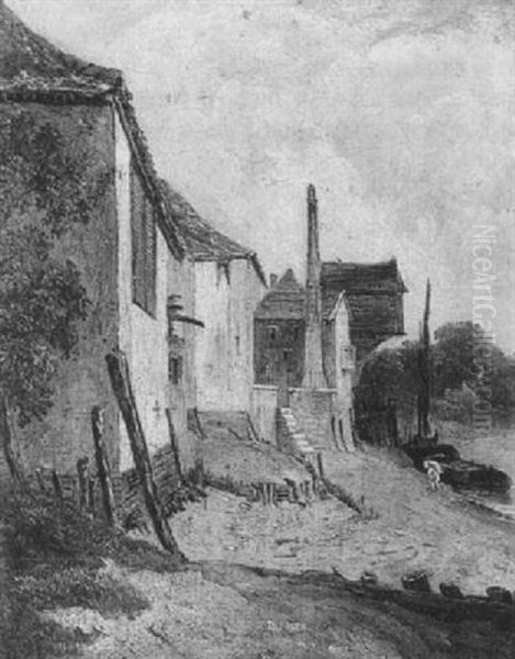 Landscape With Buildings By The River's Edge by Robert Leman