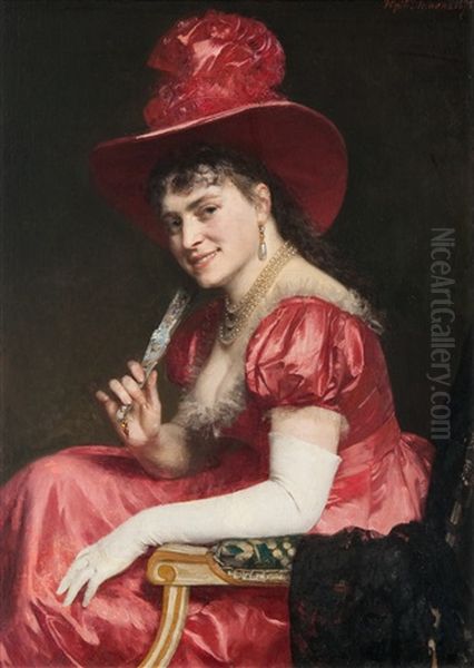 A Woman In A Red Dress Oil Painting by Yuri (Egor) Yakovlevitch Leman