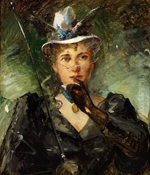 An Elegant Young Woman With A Cigarette And A Whip Oil Painting by Yuri (Egor) Yakovlevitch Leman