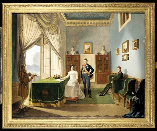 Interior Of The Royal Palace Of Naples With Ferdninand Ii And His Wife Maria Christina Di Savoia Oil Painting by Louis Nicolas Lemasle