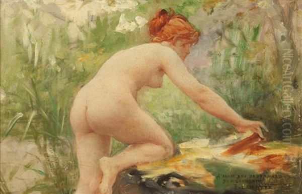 Female Nude Bather Oil Painting by Fernand Lematte