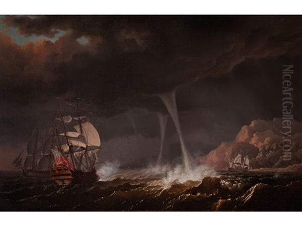 An English Squadron Of The Red Encountering Multiple Water Spouts, Probably Off Gibraltar, Whilst In Pursuit Of A Spanish Armed Merchantman Oil Painting by Olivier Lemay