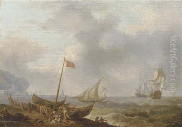 A Mediterranean Coastal Scene With Sailing Boats And Fishermen On The Beach, Two Three-masters In Rough Waters And A Harbour Beyond Oil Painting by Olivier Lemay