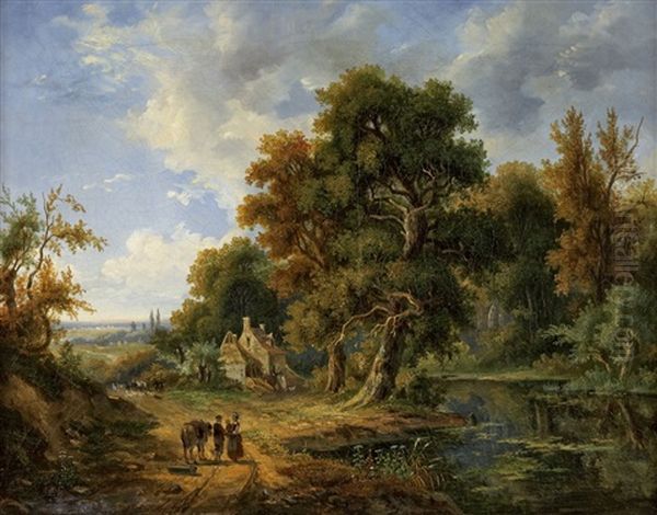 Bewaldete Landschaft Mit See Und Staffagefiguren Oil Painting by Alfred Leon Lemeunier