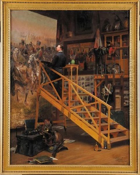 Edouard Detaille Dans Son Atelier, Peignant Le Celebre Tableau La Charge Du 4eme Hussards Oil Painting by Basile Lemeunier