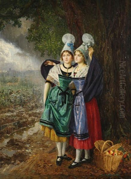 Deux Bordelaises S'arbitant De La Pluie Apres La Cueillette Des Pommes Oil Painting by Basile Lemeunier