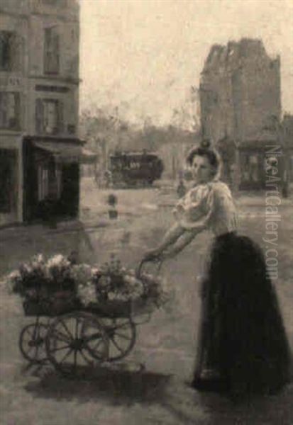 A Young Parisian Flower Seller Oil Painting by Basile Lemeunier