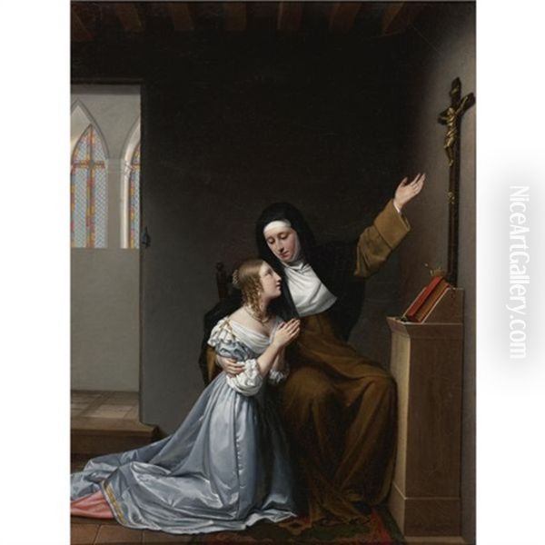 Madame De La Valliere Giving Instruction In Piety To Her Daughter Mlle. De Blois Oil Painting by Sophie Lemire