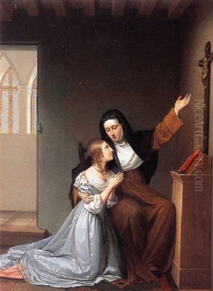 Madame De La Valliere Giving Instruction In Piety To Her Daughter Mlle. De Blois Oil Painting by Sophie Lemire