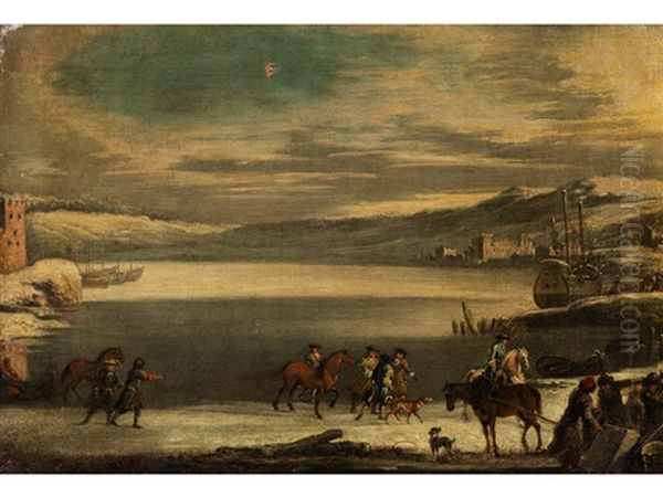 Winterliche Uferlandschaft Mit Ziehenden Reitern Oil Painting by Johann Philipp Lemke