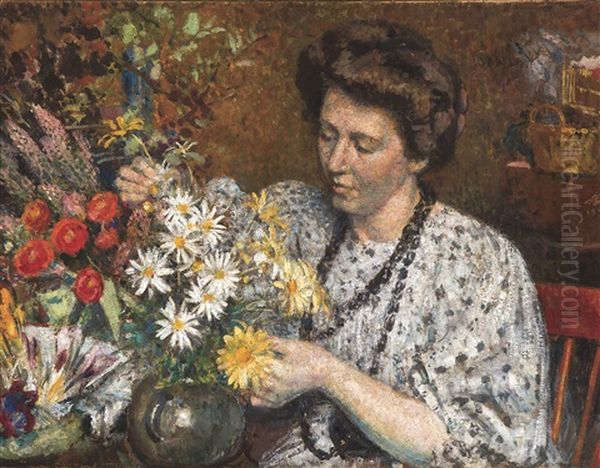 Femme Aux Fleurs - La Fleuriste Oil Painting by Georges Lemmen