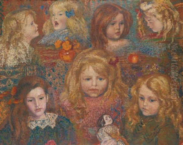 Les Petites Filles (+ Nu De Jeunes Femmes (study), Verso) Oil Painting by Georges Lemmen