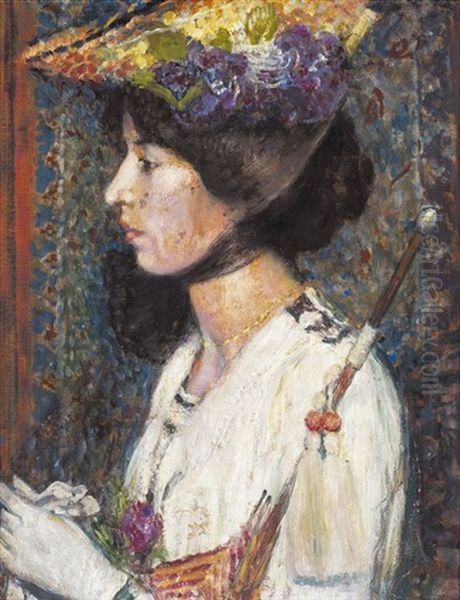 Le Modele Au Chapeau (+ Le Jardin, Verso) Oil Painting by Georges Lemmen