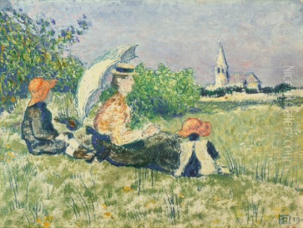 Madame Lemmen Et Ses Enfants Pierre Et Jacques Dans Un Jardin Oil Painting by Georges Lemmen