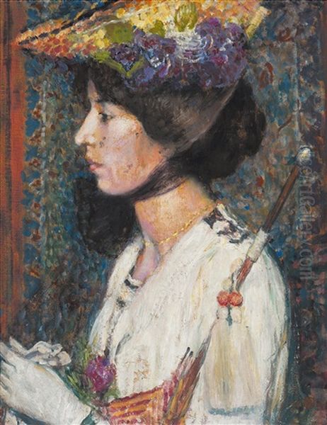 Le Modele Au Chapeau (+ Le Jardin, Verso) Oil Painting by Georges Lemmen