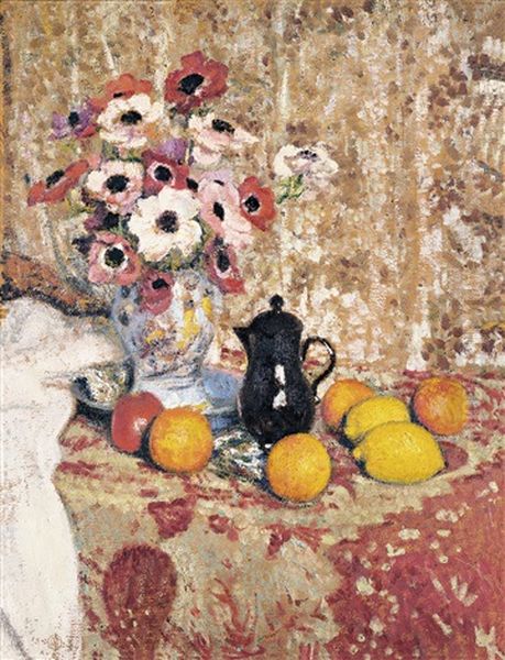 Nature Morte Aux Anemones Et Fruits Oil Painting by Georges Lemmen