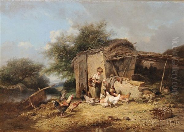 Feeding The Chickens by Theophile Victor Emile Lemmens