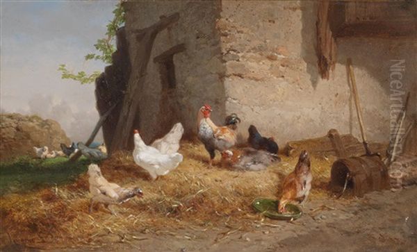 Ein Huhnerhof Oil Painting by Theophile Victor Emile Lemmens