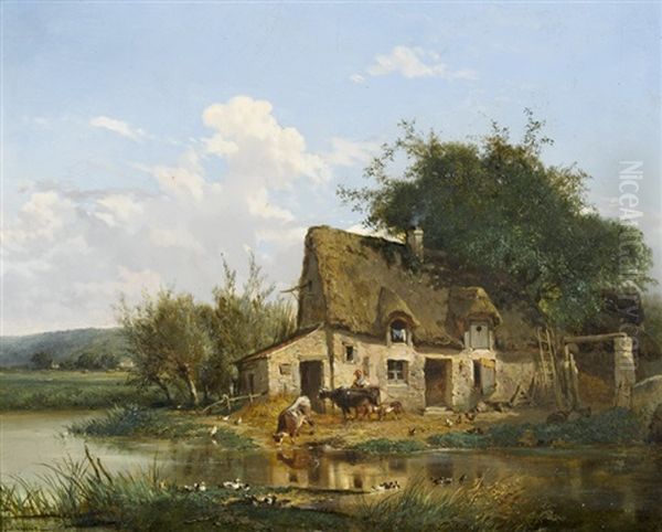 Bauernhaus Am Flussufer Oil Painting by Theophile Victor Emile Lemmens