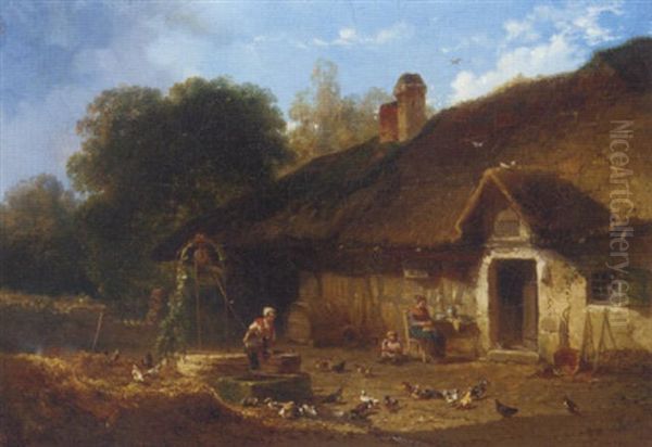 A Country Cottage Oil Painting by Theophile Victor Emile Lemmens