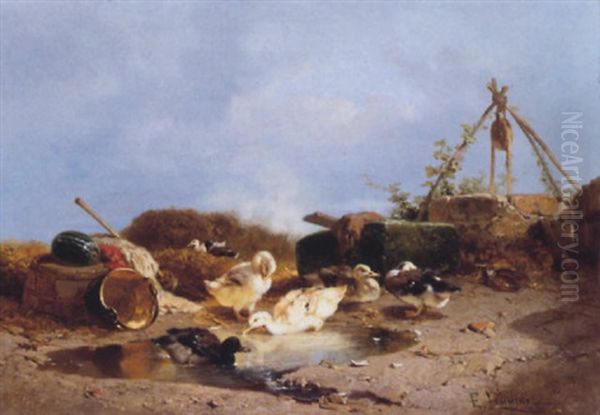 Enten Im Hof, Im Tumpel Badend Oil Painting by Theophile Victor Emile Lemmens