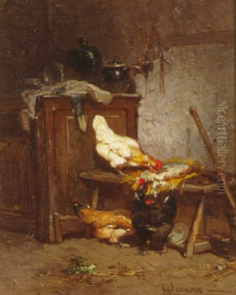 L'interieur Aux Poules Oil Painting by Theophile Victor Emile Lemmens