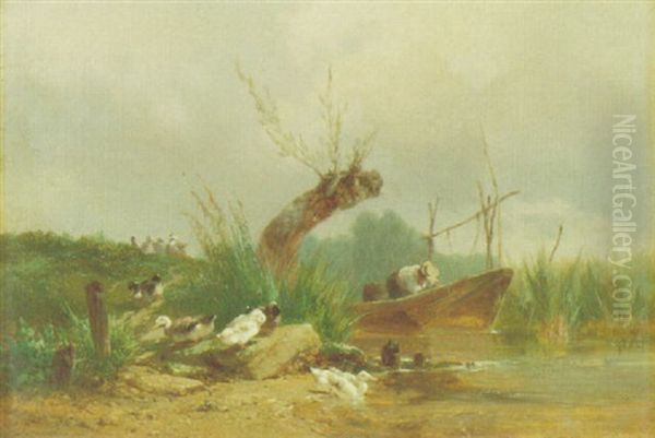 Ducks Wading By A Stream Oil Painting by Theophile Victor Emile Lemmens