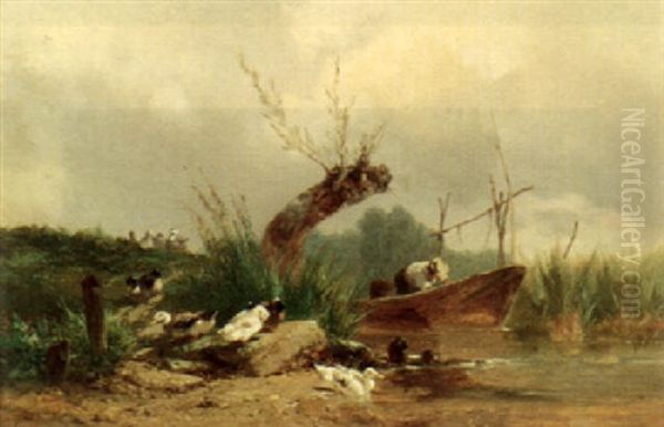 Ducks Wading By A Stream Oil Painting by Theophile Victor Emile Lemmens