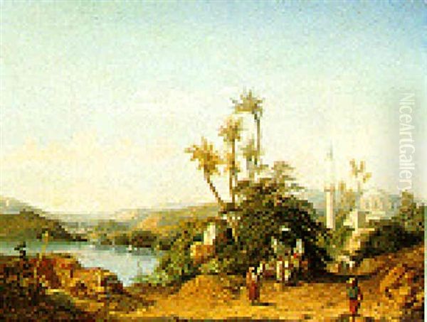 A Caravan By A Lake Oil Painting by Theophile Victor Emile Lemmens