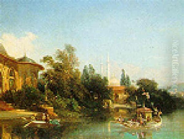 A Rowing Boat By A Mosque Oil Painting by Theophile Victor Emile Lemmens