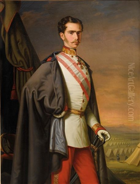 Emperor Franz Joseph I Of Austria, In The Uniform As A Fieldmarschall, In The Backround A Camp Oil Painting by Carl Lemmermayer