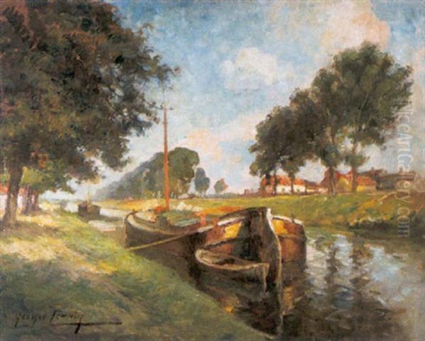 Canal En Flandre Oil Painting by Georges (Ferdinand) Lemmers