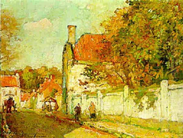 A Sunlit Street Oil Painting by Georges (Ferdinand) Lemmers