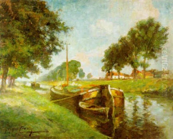 Canal En Flandre Oil Painting by Georges (Ferdinand) Lemmers