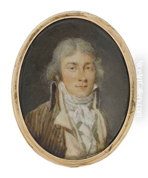 A Young Gentleman, In Striped Coat, Ochre Waistcoat And Tied White Cravat, Powdered Hair (+ 2 Others; 3 Works) Oil Painting by Jacques Antoine Marie Lemoine