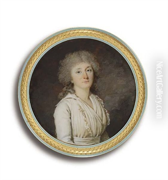 A Young Lady, In White Dress With Lace-bordered Fichu Tucked Into White Sash, Long Powdered Curling Hair Oil Painting by Jacques Antoine Marie Lemoine